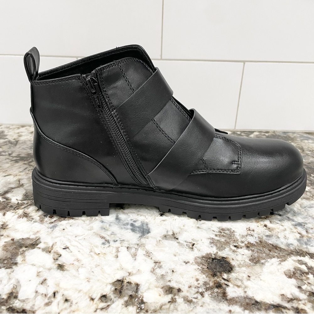 9, 9.5 SO Black with silver buckle faux leather ankle combat booties - Picture 5 of 11
